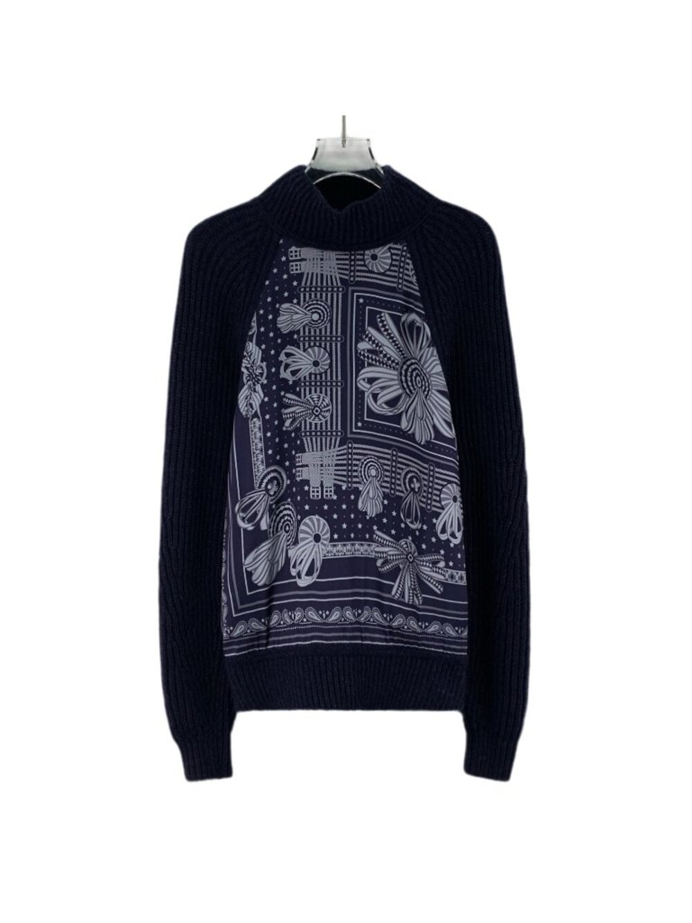 Hermès Navy Blue Silk Pattern Panel Knit Sweater